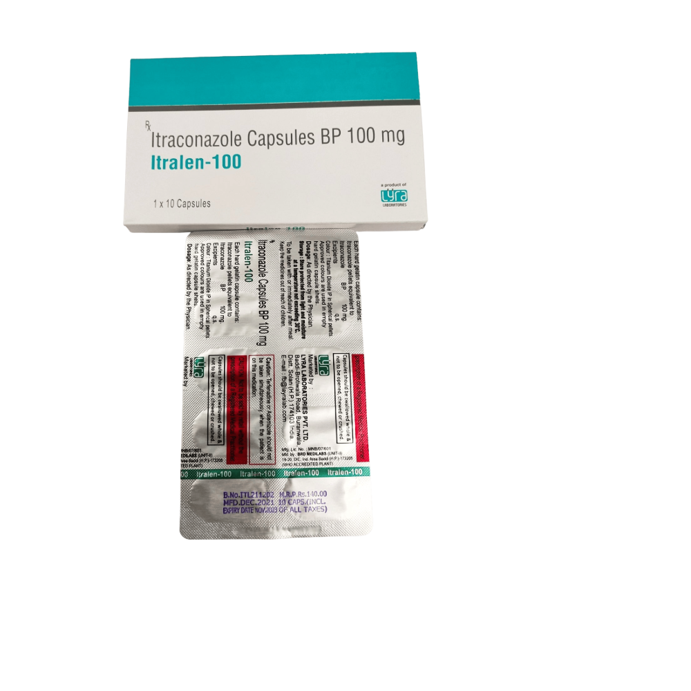 Itraconazole capsules packaging on a white background