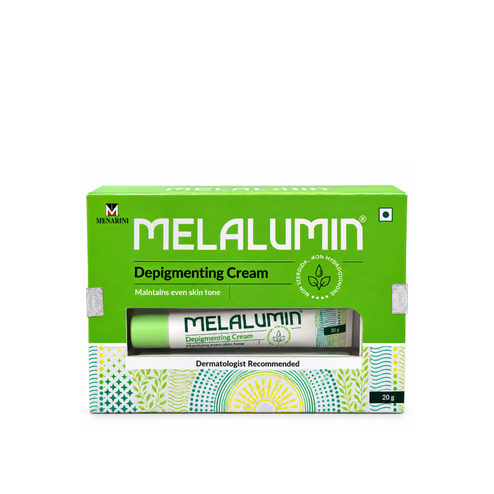 Front view of Melalumin Depigmenting Cream by Menarini in a green and white 20 g carton with the cream tube visible.