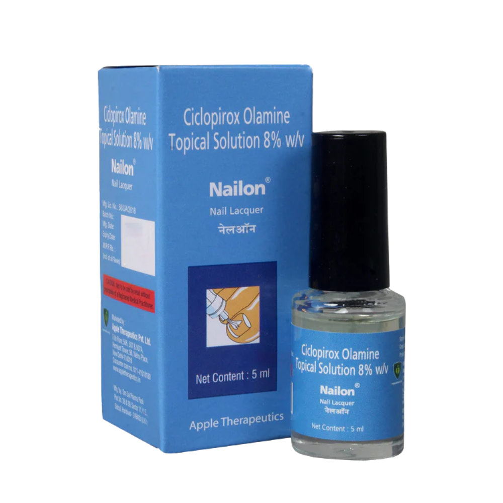 Nailon Ciclopirox Olamine topical solution with packaging on a white background