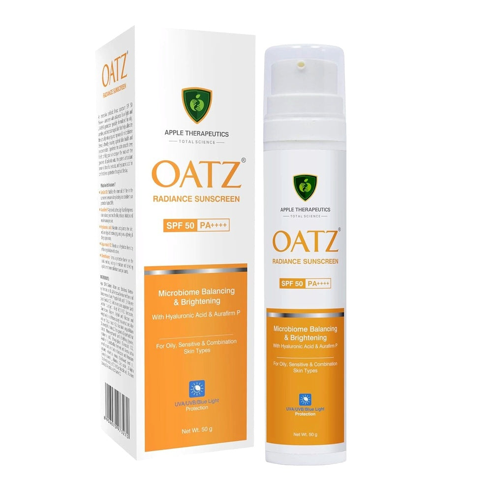 Oatz Radiance Sunscreen packaging and bottle on a white background