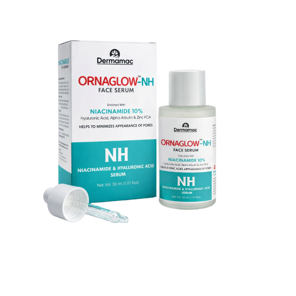 Dermamac Ornaglow-NH face serum packaging with bottle and box on a white background