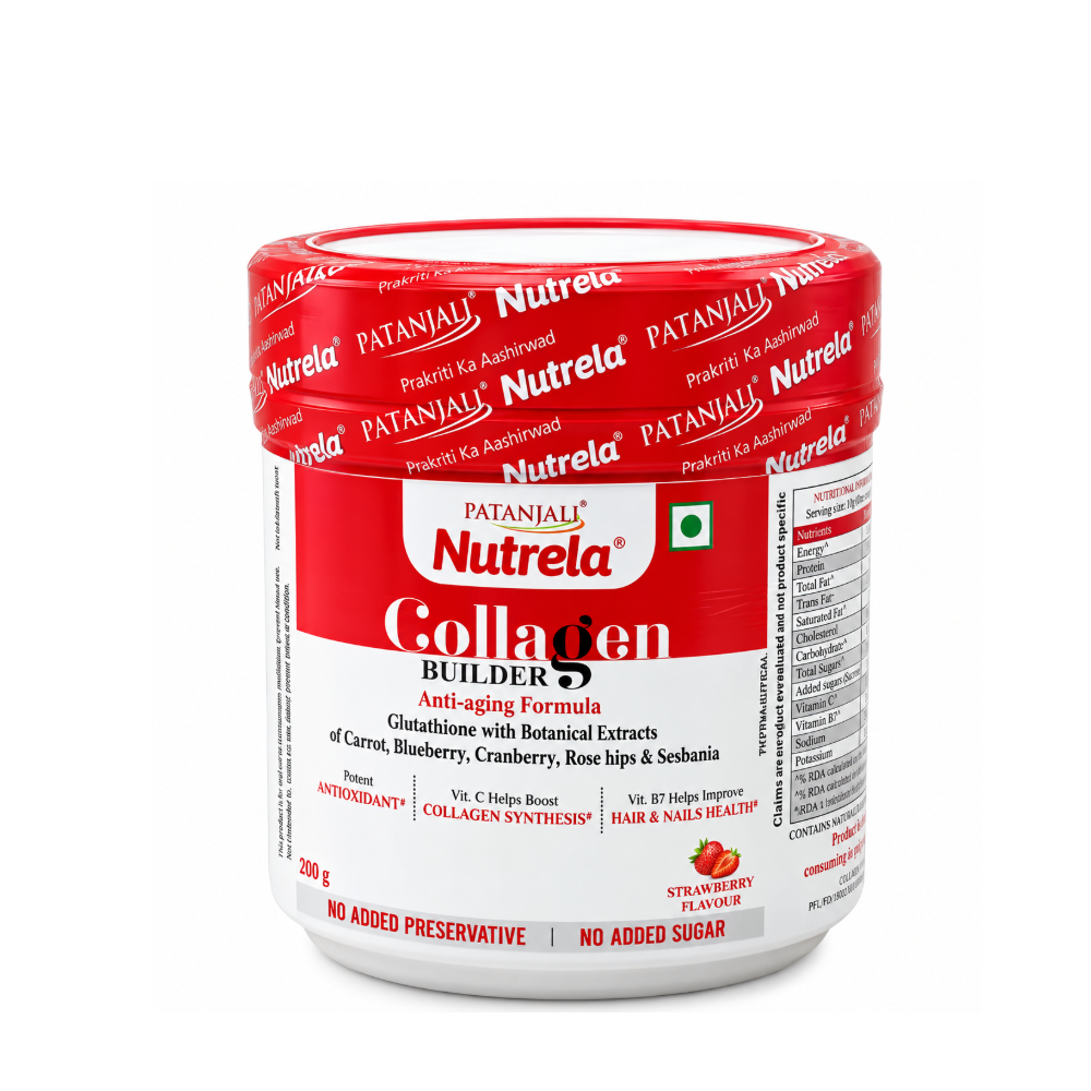 Patanjali Nutrela Collagen Builder Anti-Aging Formula with Amino Acids, Vitamin C, Biotin & Botanical Extracts – Strawberry Flavour, 200 g