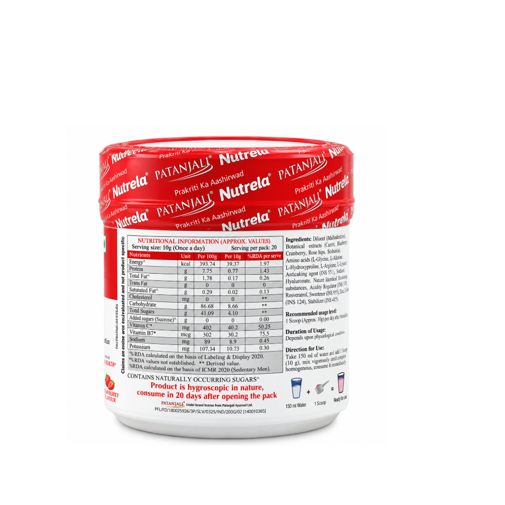 Patanjali Nutrela Collagen Builder Anti-Aging Formula with Amino Acids, Vitamin C, Biotin & Botanical Extracts – Strawberry Flavour, 200 g