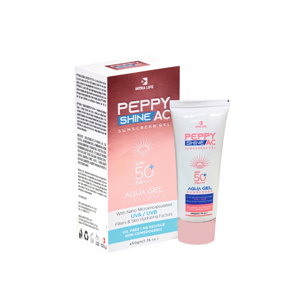 Peppy Shine AC sunscreen gel with packaging on a white background