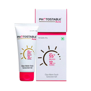 Sunscreen gel with packaging labeled 'Photostable Acne' on a white background