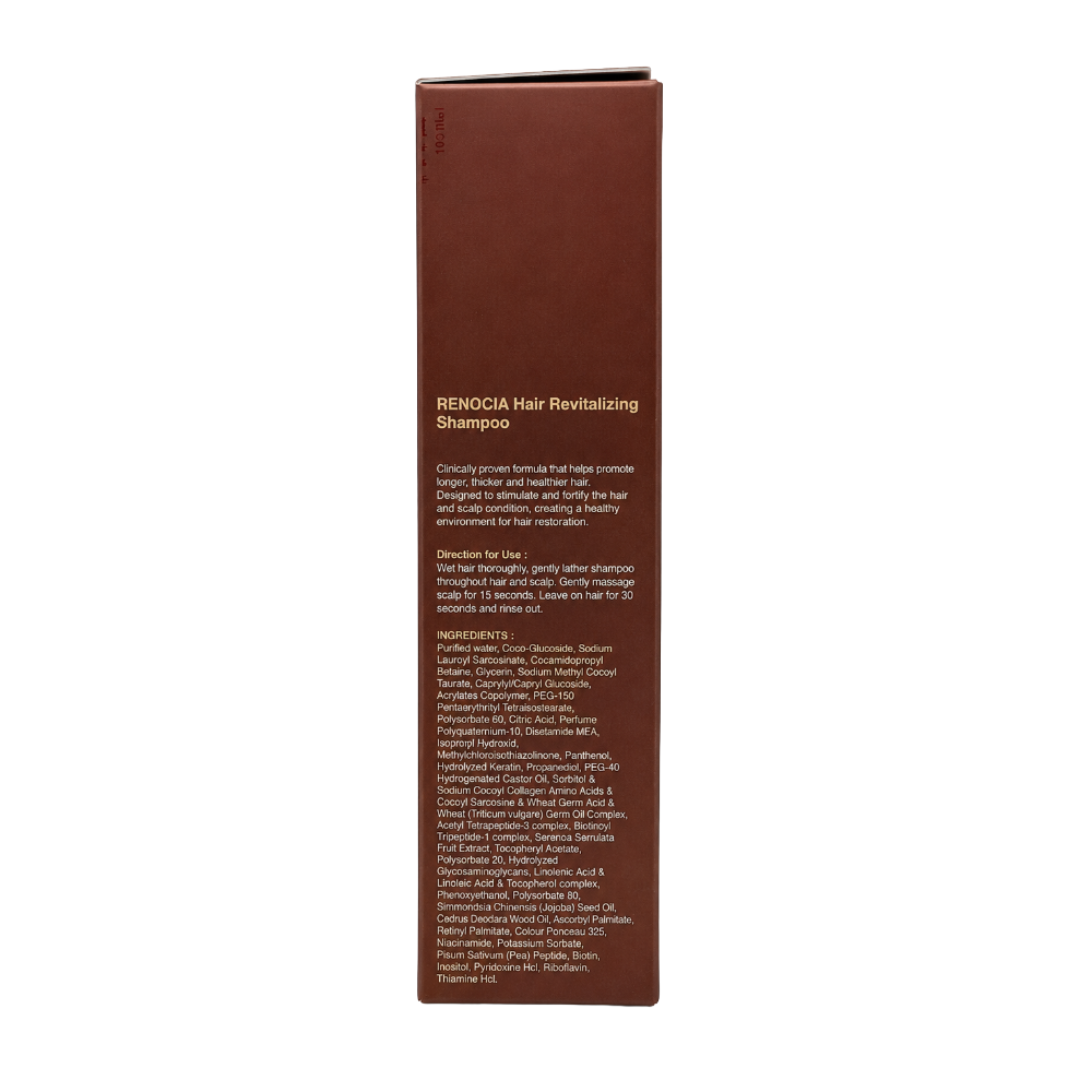 RENOCIA Hair Revitalizing Shampoo 150ml back packaging with ingredients and directions