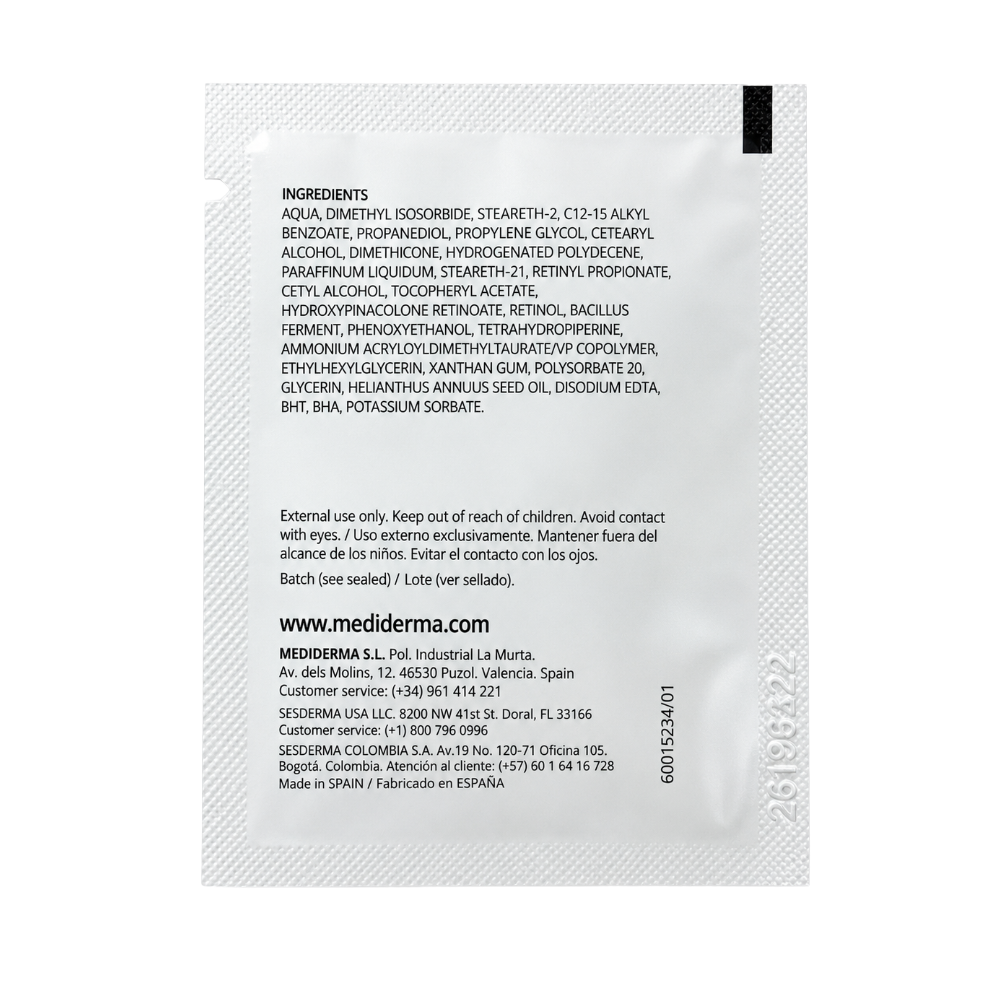 Retises CT Yellow Peel sachet back showing Retinol ingredients and product information