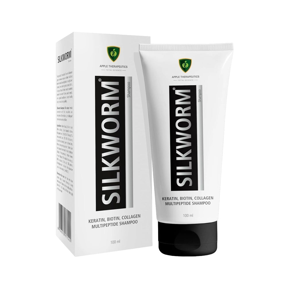 Silkworm shampoo packaging including box and tube on a white background