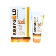 Sissy Gold sunscreen gel packaging and tube on a white background
