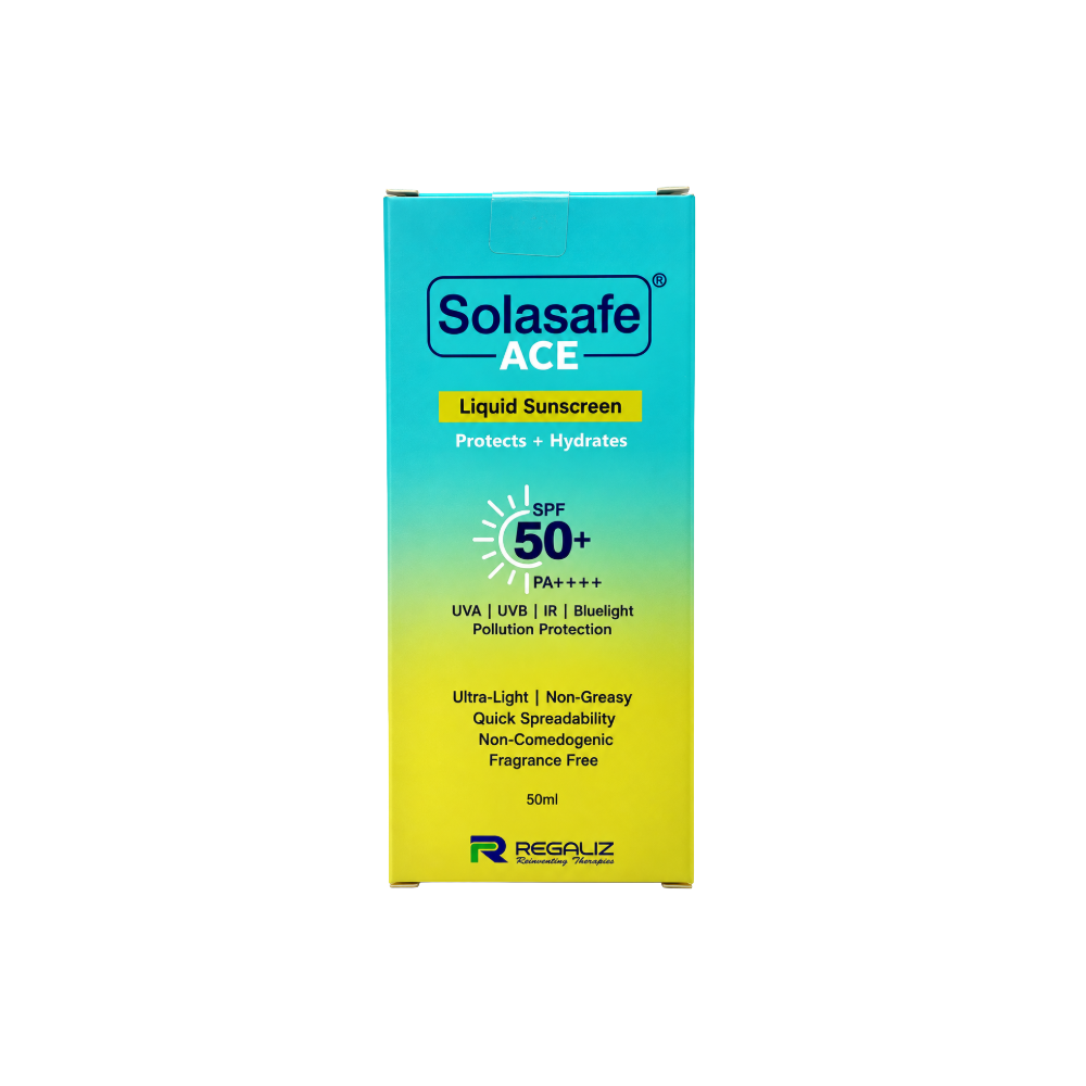 Front view of Solasafe ACE SPF 50+ PA++++ Liquid Sunscreen 50ml box