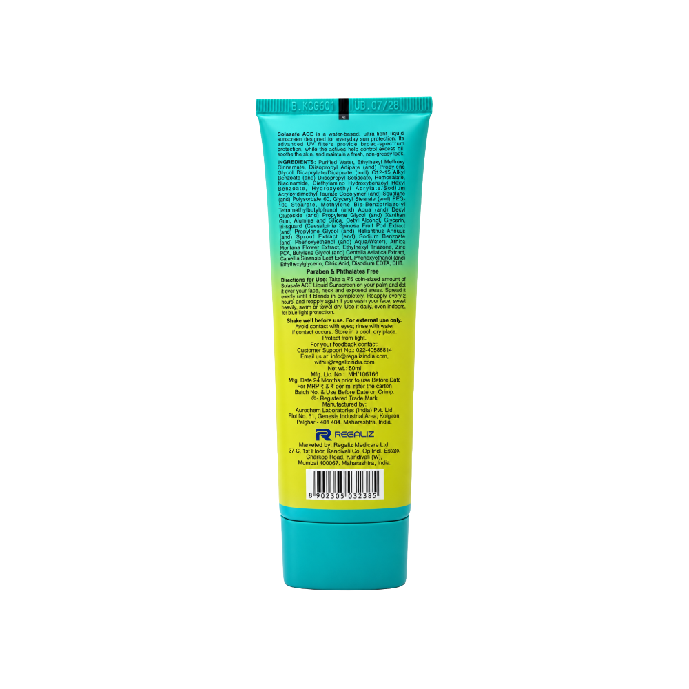 Solasafe ACE SPF 50+ PA++++ 50ml liquid sunscreen tube front view
