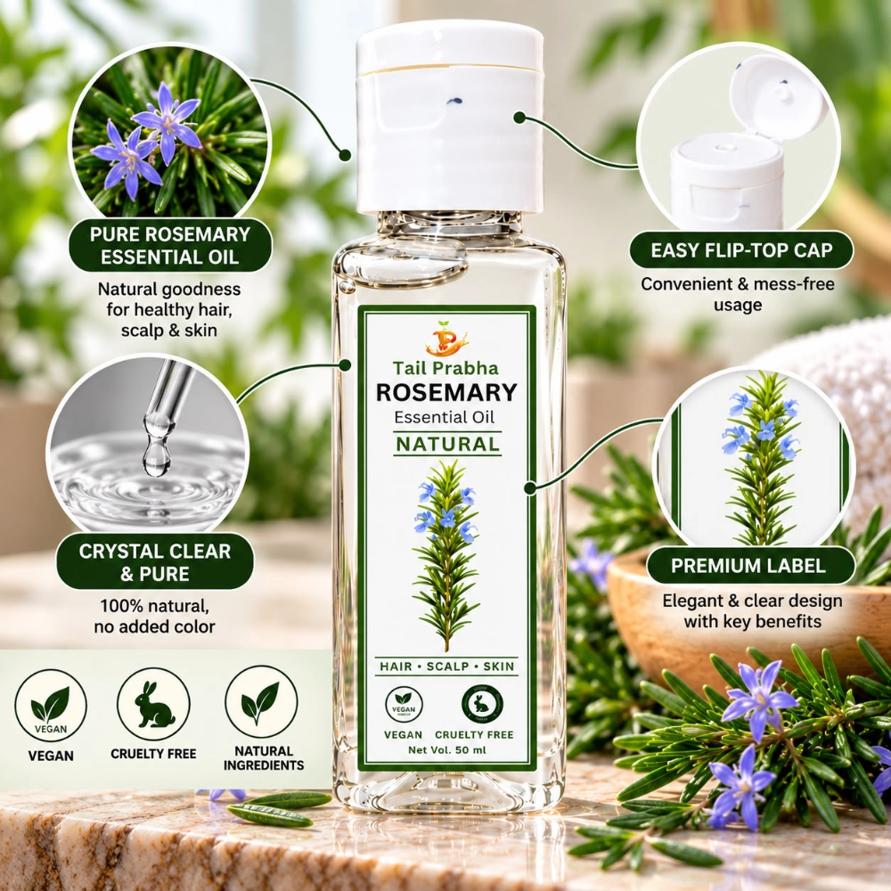 Tail Prabha Rosemary Essential Oil 50ml with natural rosemary, flip-top cap, vegan and cruelty-free product features