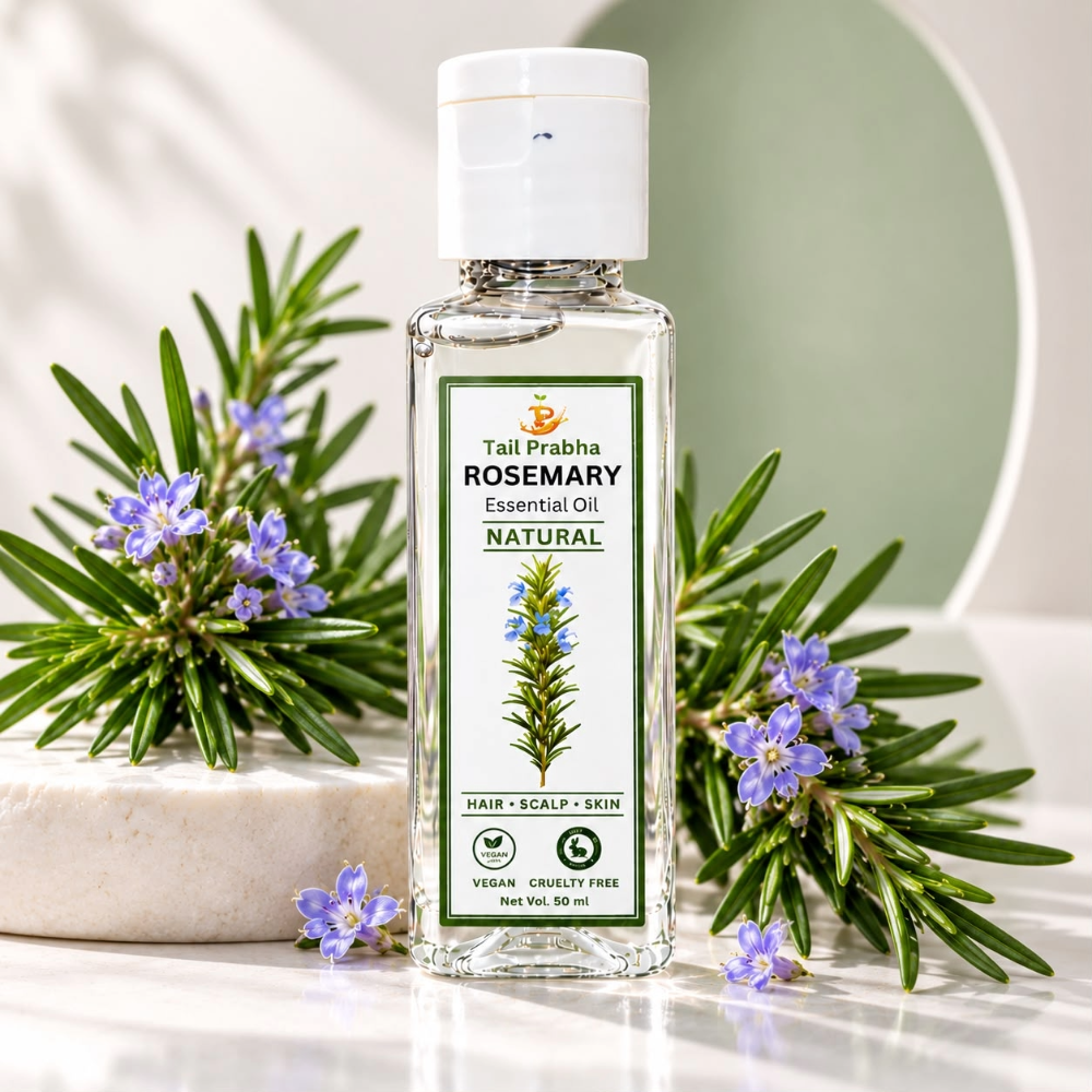 Tail Prabha Rosemary Essential Oil Natural 50ml bottle displayed with fresh rosemary branches and flowers