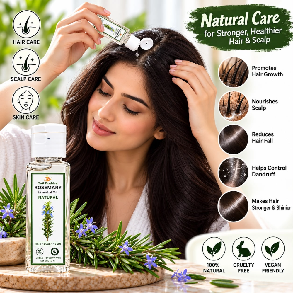 Woman applying Tail Prabha Rosemary Essential Oil to her scalp with hair-care and scalp-care benefits shown