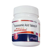 A bottle of Tranesma brand Tranexamic Acid Tablets IP with 30 tablets.