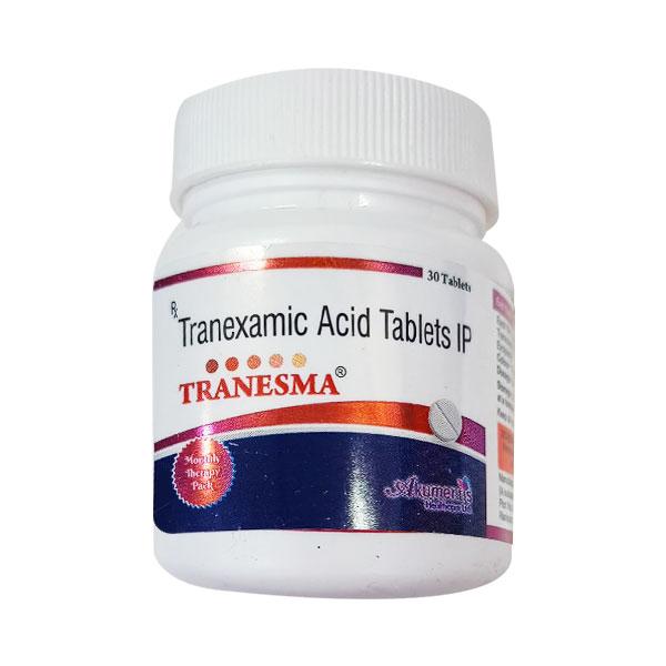 A bottle of Tranesma brand Tranexamic Acid Tablets IP with 30 tablets.