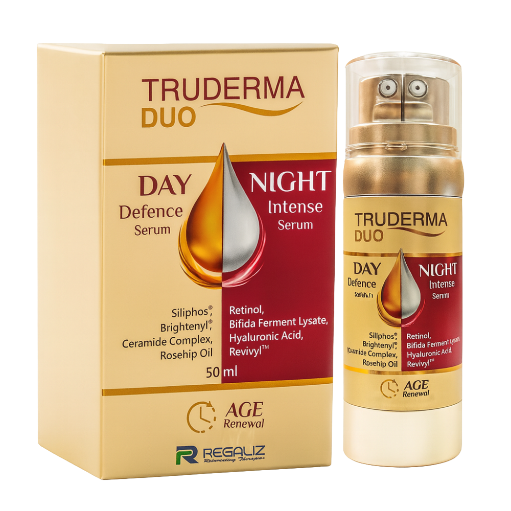 Truderma Duo Day Defence Serum and Night Intense Serum packaging on a white background