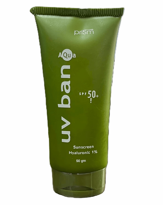 Green sunscreen tube with 'uv ban' branding on a white background