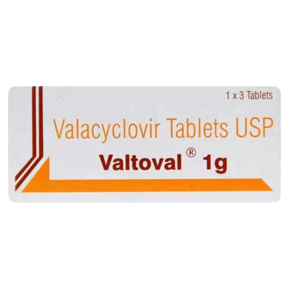 Valacyclovir Tablets USP Valtovai 1g packaging on a white background