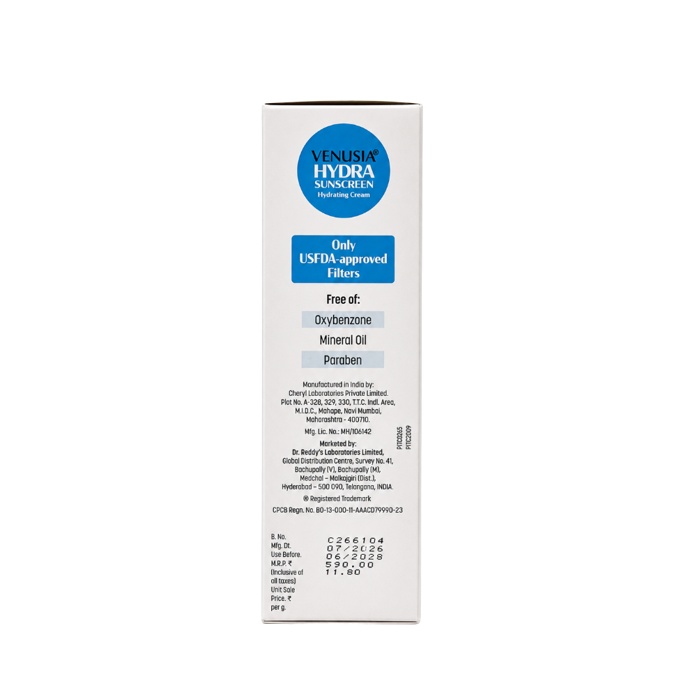 Venusia Hydra Sunscreen 50g tube back with ingredients and directions