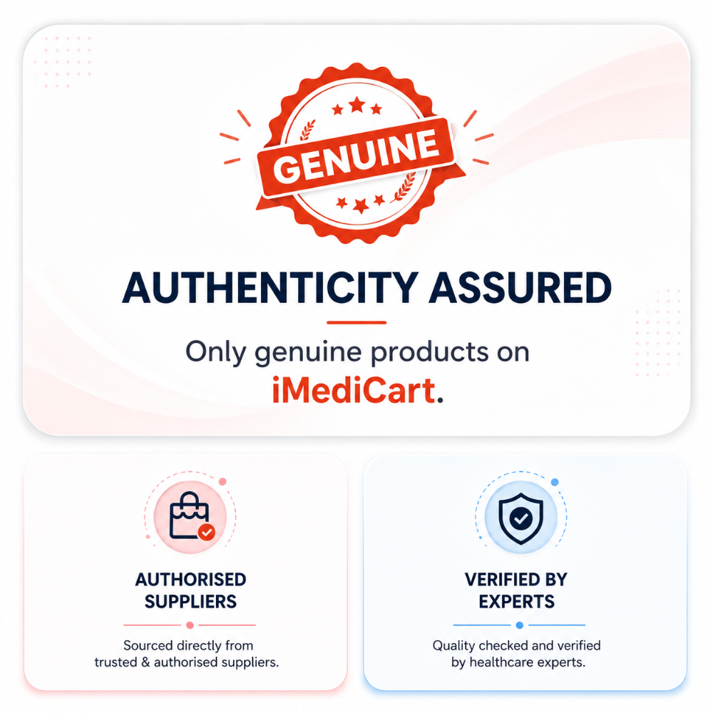 Promotional graphic for iMediCart authenticity assurance, featuring a red 'Genuine' seal at the top, the text 'Authenticity Assured' and 'Only genuine products on iMediCart,' plus two smaller panels below about authorised suppliers and verified experts.