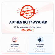 Promotional graphic for iMediCart authenticity assurance, featuring a red 'Genuine' seal at the top, the text 'Authenticity Assured' and 'Only genuine products on iMediCart,' plus two smaller panels below about authorised suppliers and verified experts.