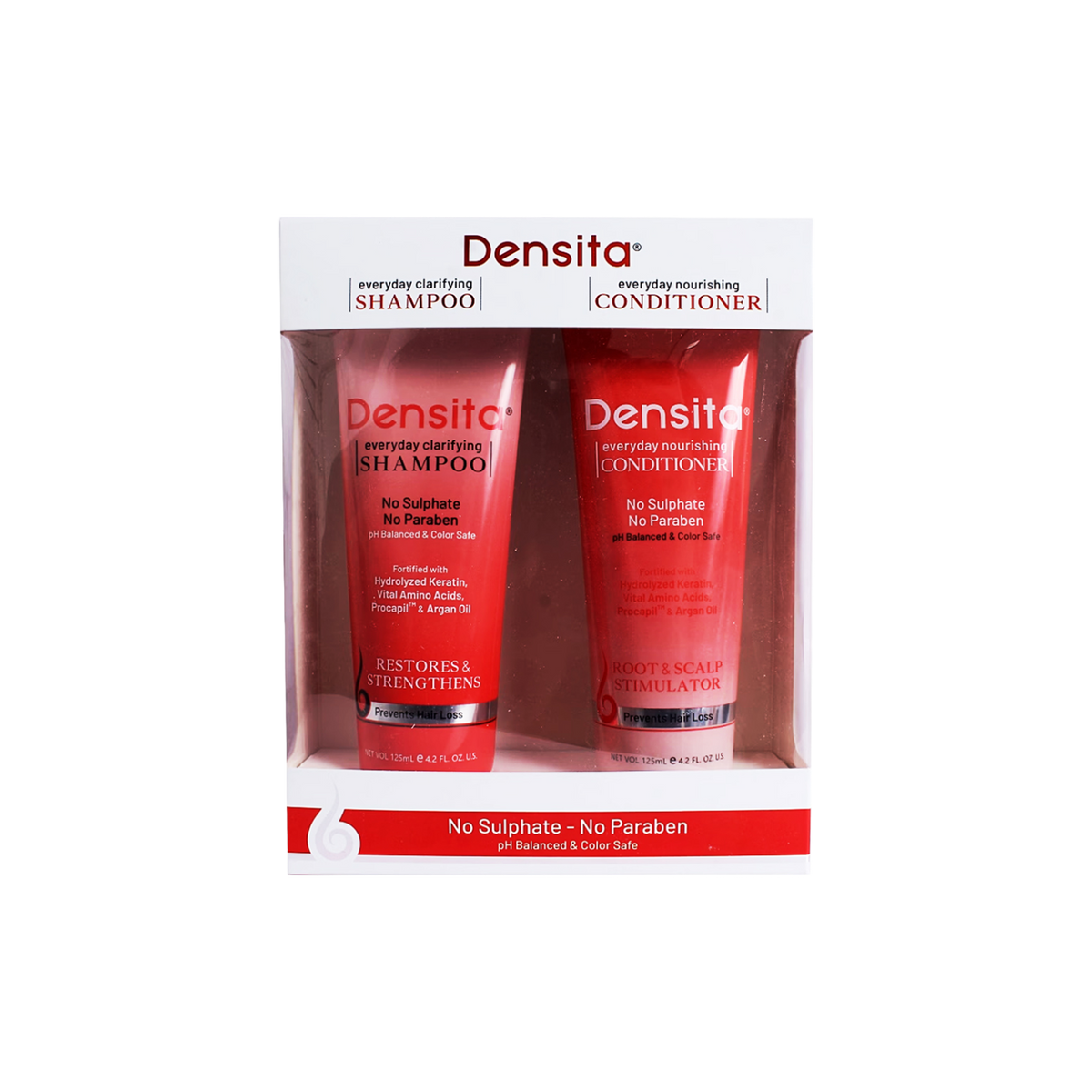 Front view of Densita Everyday Clarifying Shampoo and Everyday Nourishing Conditioner combo pack, containing two 125 ml tubes, with sulphate-free and paraben-free claims.