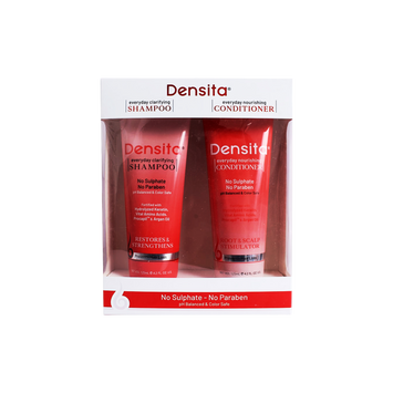 Front view of Densita Everyday Clarifying Shampoo and Everyday Nourishing Conditioner combo pack, containing two 125 ml tubes, with sulphate-free and paraben-free claims.