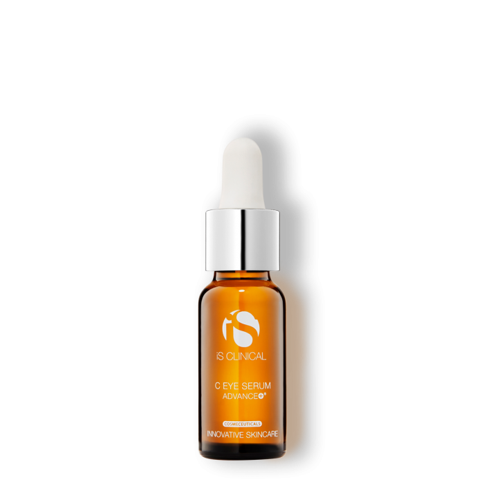 ISCLINICAL C Eye Serum Advance+ is a cutting edge formulation that effectively combines a 7.5% concentration of our scientifically advanced L-Ascorbic Acid (Vitamin C) with Copper Tripeptide growth factor for enhanced age-defying properties. This powerful yet gentle formula is designed to help diminish the appearance of fine lines, wrinkles, under-eye puffiness, and dark circles. C Eye Serum Advance+ also helps to noticeably improve skin tone and texture and deliver enhanced antioxidant protection.