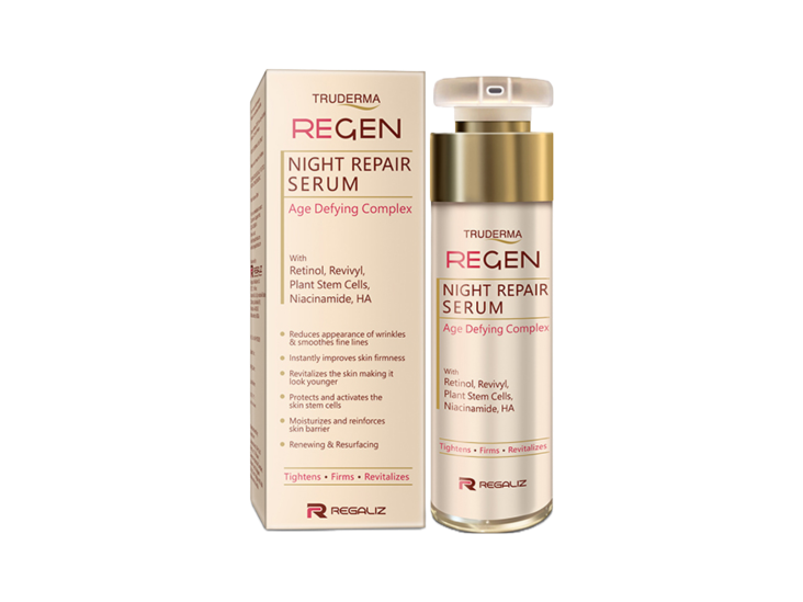 Truderma ReGen Night Repair Serum by Regaliz - offers instant skin tightening and firming and smoothing of the wrinkles. Offer strong antiaging effects reducing and neutralizing free radicals to reverse damage caused by external and internal factors. Truderma Regen Night repair serum uses,Truderma Regen Night repair serum price,Truderma Regen Night repair serum result,Truderma Regen Night repair serum ingredients , Truderma Regen Night repair serum in hindi.Truderma Regen Night repair serum composition.